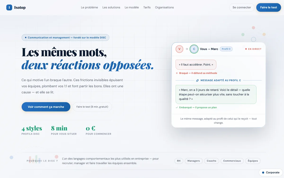 Page d'accueil d'Isotop : le même message, adapté au profil de celui qui le reçoit