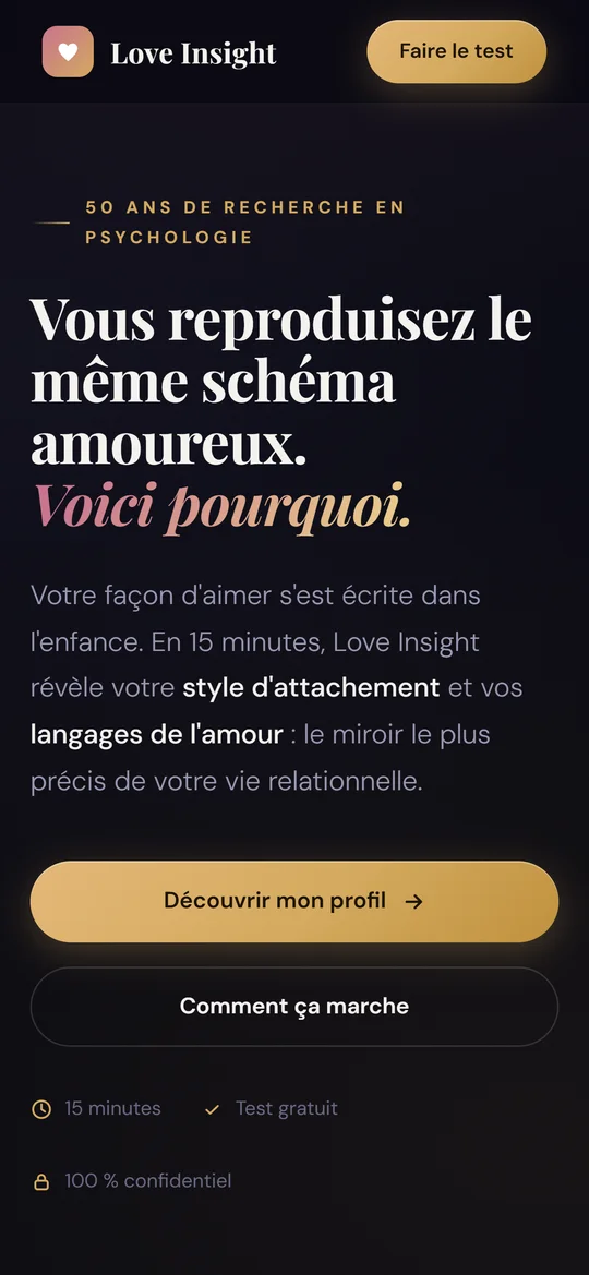 Page d'accueil de Love Insight : profil d'attachement et langages de l'amour