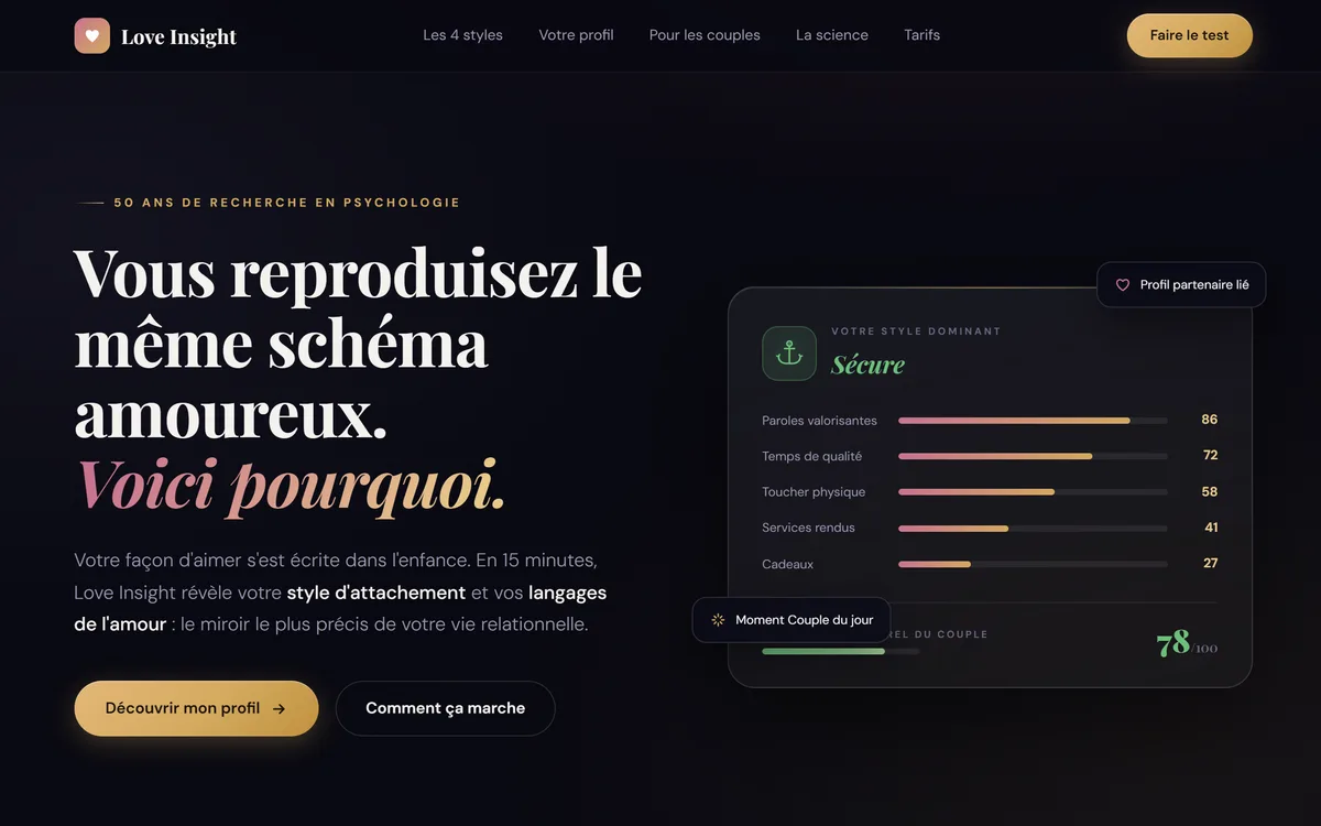 Page d'accueil de Love Insight : profil d'attachement et langages de l'amour